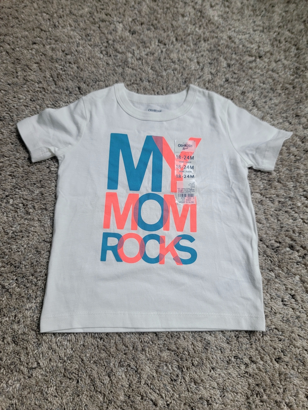 OshKosh B'gosh White 'My Mom Rocks' Tee with Blue & Coral Graphic 18-24M New!
